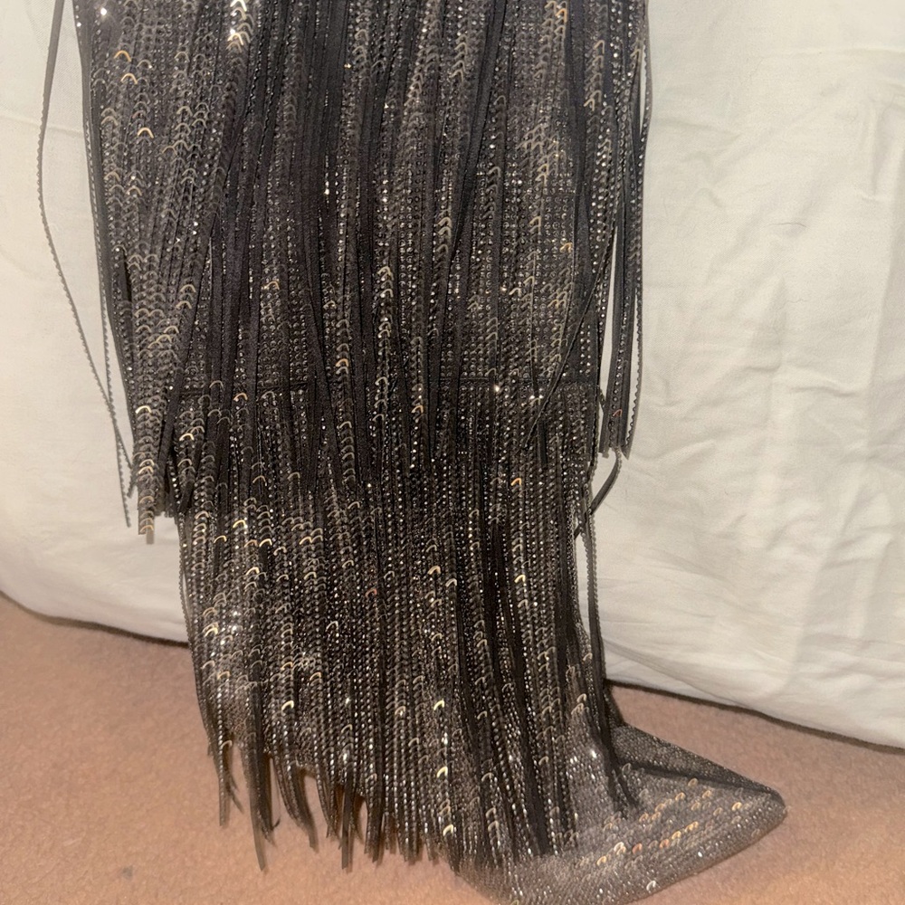 Rhinestone threaded fringe knee high boots